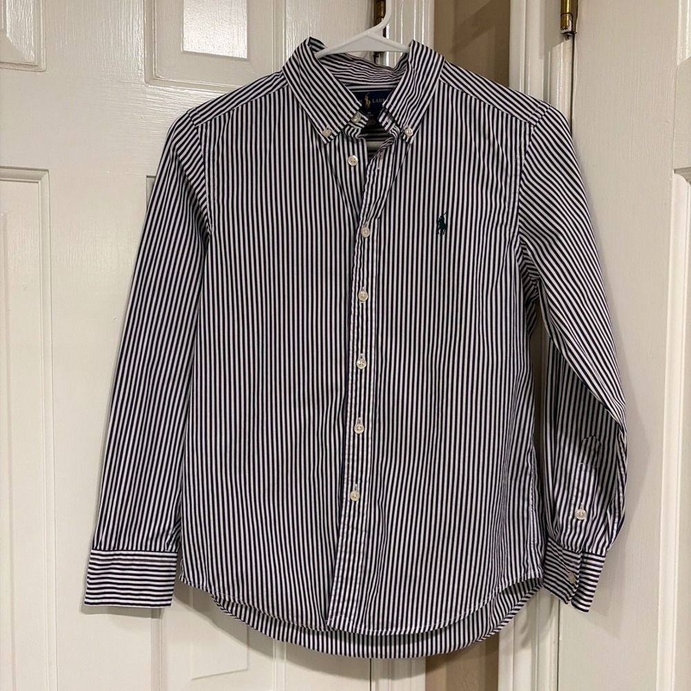 Ralph Lauren Kids Striped Button Down Shirt Navy White Size M 10-12 Cotton Pony